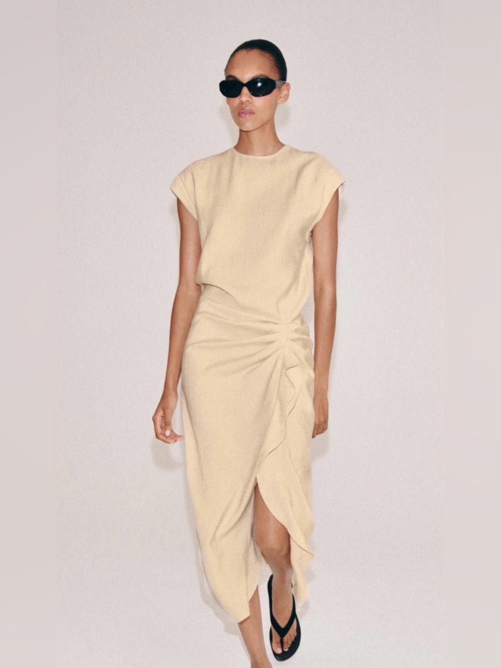 ZARA Cream Ruched Midi Dress - Women's Elegant Gathered Skirt